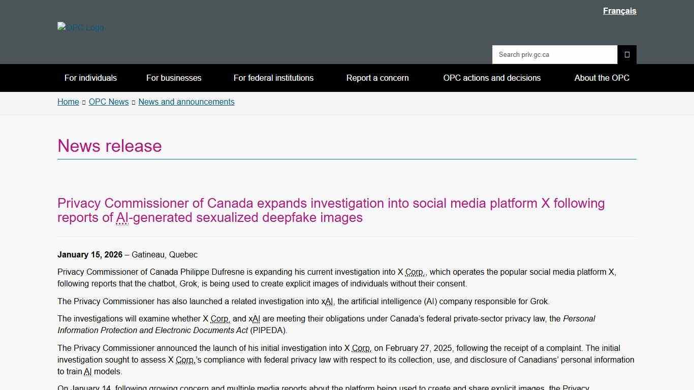 News release: Privacy Commissioner of Canada expands investigation into social media platform X following reports of AI-generated sexualized deepfake images - Office of the Privacy Commissioner of Canada